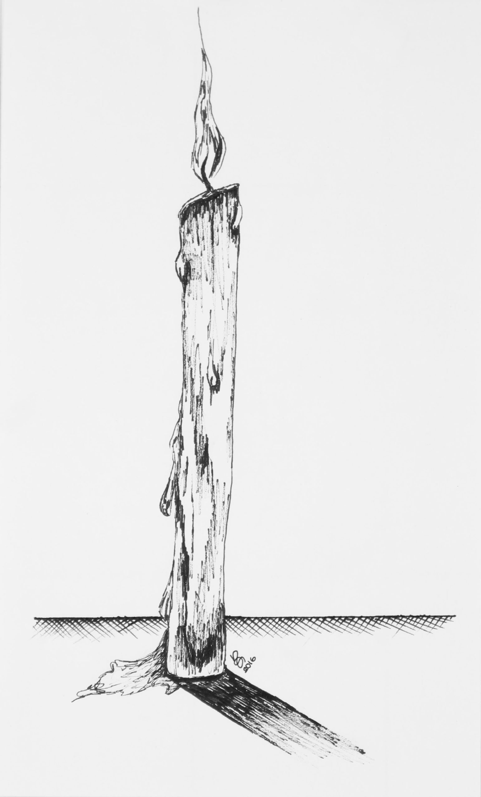 Ink drawing of burning candle symbolizing a dark night by Nichole Ortiz
