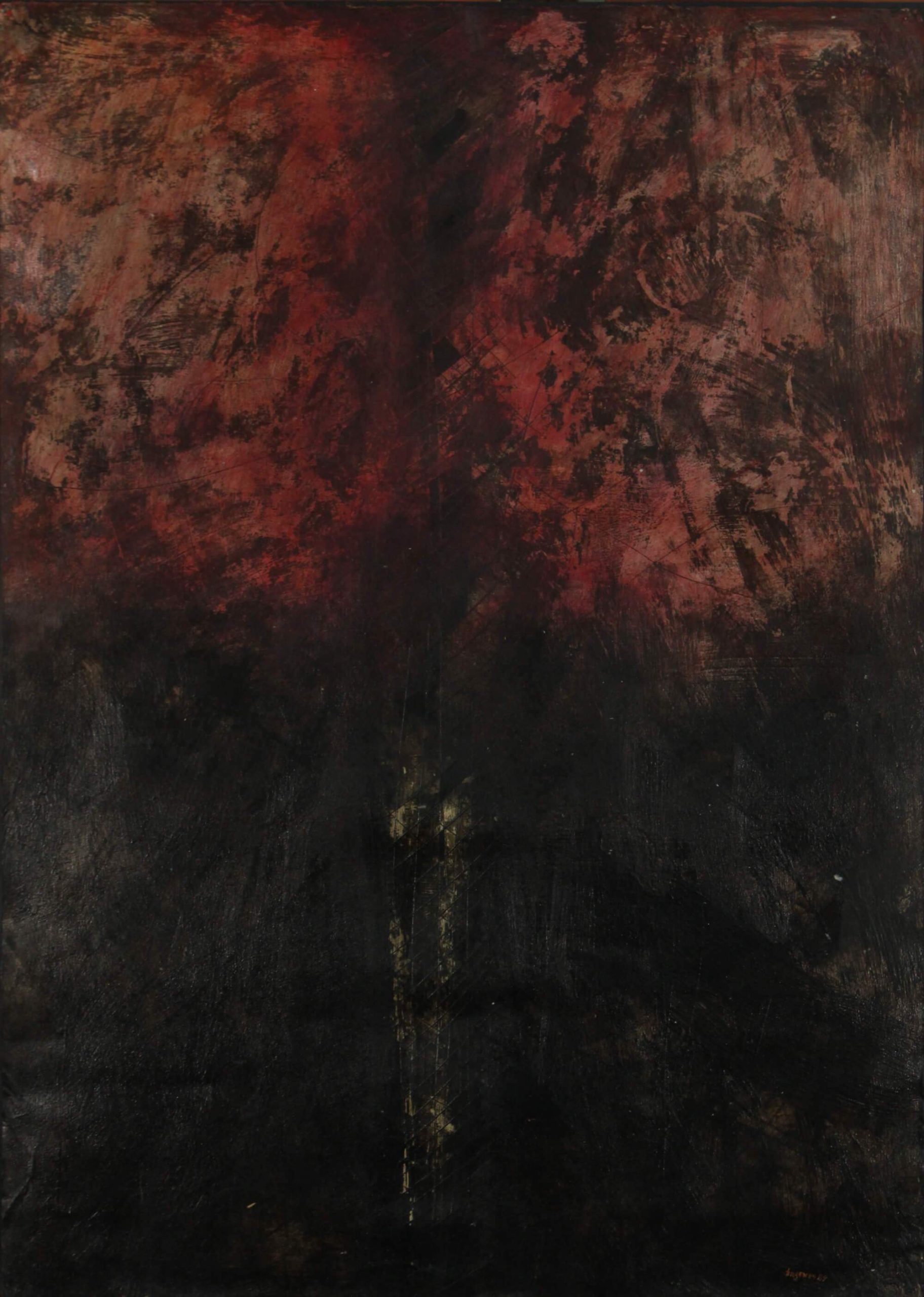 Carbon and acrylic drawing of an abstract night scenery by Diógenes Ballester.