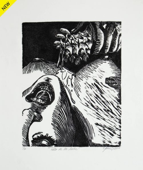 Linocut print of a lustful woman laying face up while a hand holding a veggie stick pours a milky liquid on her naked breast by Yarie Vega