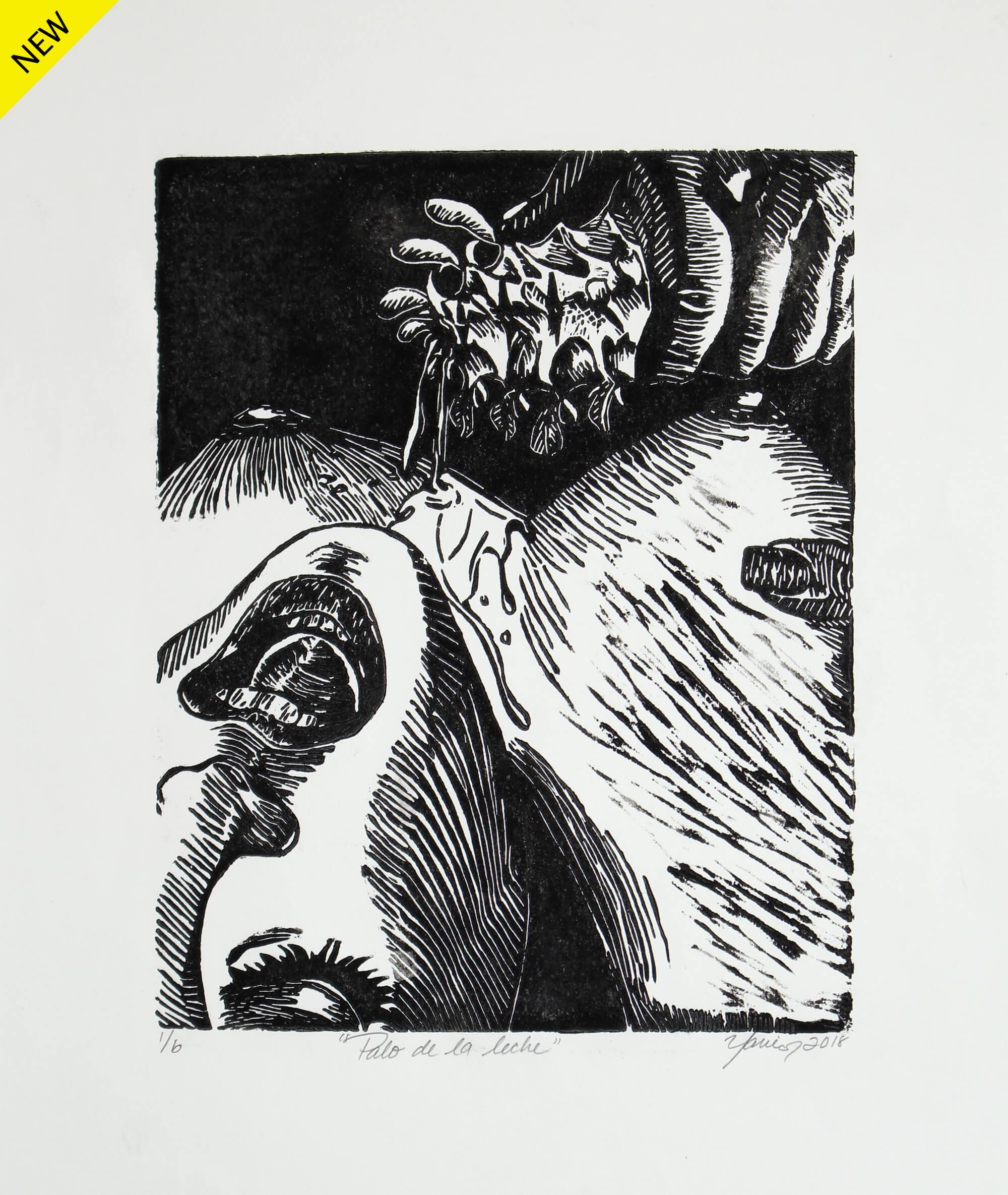 Linocut print of a lustful woman laying face up while a hand holding a veggie stick pours a milky liquid on her naked breast by Yarie Vega
