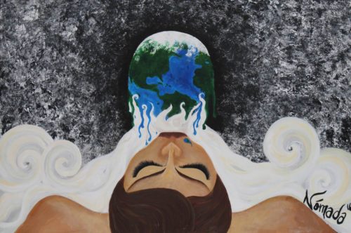 Acrylic painting of levitating Gaia exhaling Earth into the Universe by Nómada