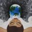 Acrylic painting of levitating Gaia exhaling Earth into the Universe by Nómada