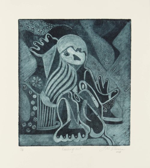 Cubism silk aquatint of breast cancer patient's mood  by Susan Olivera