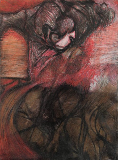 Encaustic drawing of abstract representation of spiritual rebozo by Diógenes Ballester.