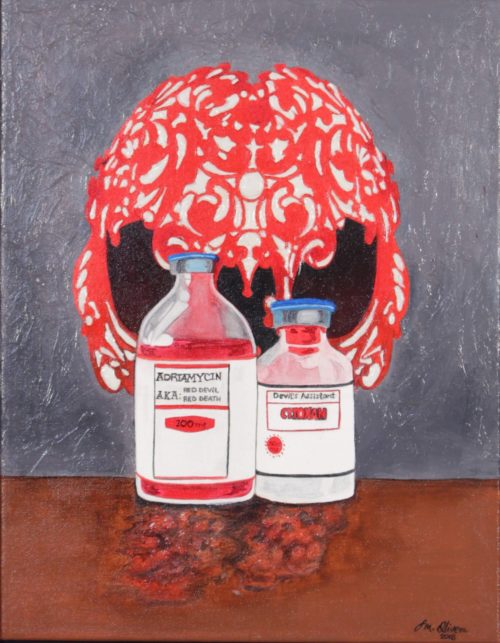 Acrylic painting depicting chemotherapy medication as a red devil by Susan Olivera