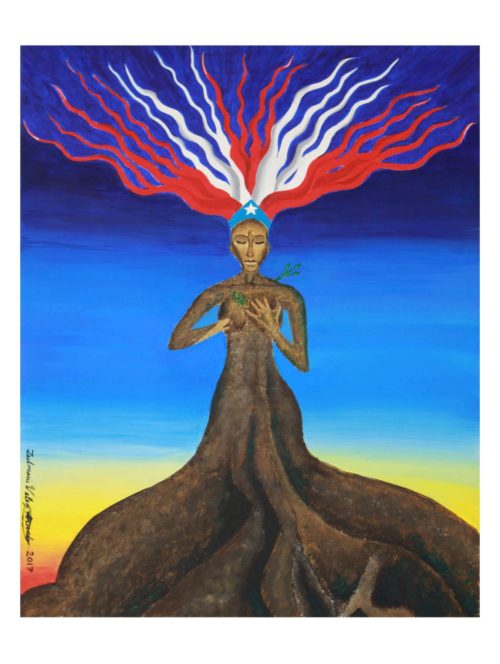 Print of reborn tree made of a woman torso with large exposed roots instead of legs