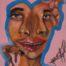 Acrylic painting of portrait of face conjoined twins with two noses and one mouth accompanied by two tiny naked females by Kyhan Yael.