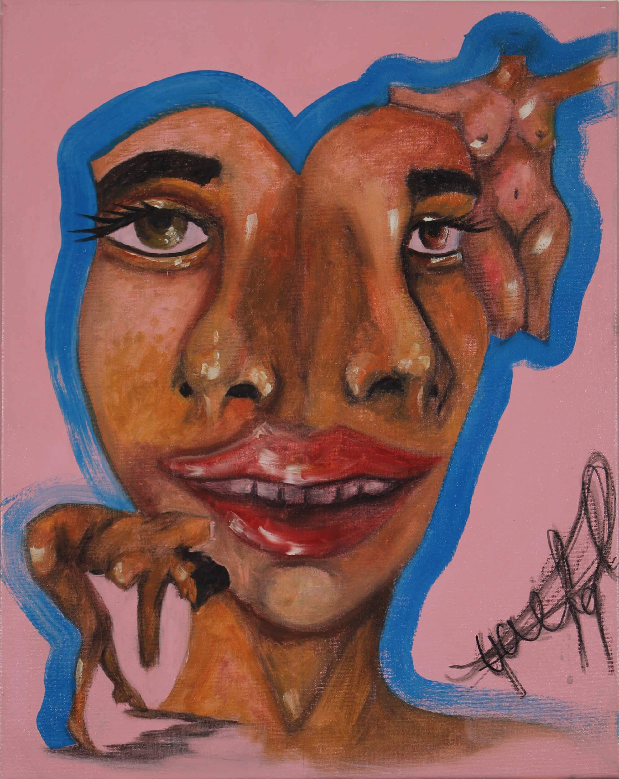 Acrylic painting of portrait of face conjoined twins with two noses and one mouth accompanied by two tiny naked females by Kyhan Yael.