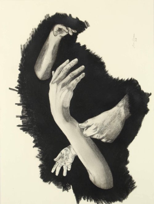 Graphite and compressed carbon drawing of hands protruding from a black hole on a wall by Susan Olivera