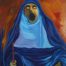 Acrylic painting of a nun on a blue chador type habit holding a purple candle on her right hand and her mouth wide open in a scream like Edvard Munch's The Scream by Vicente Ydrach.