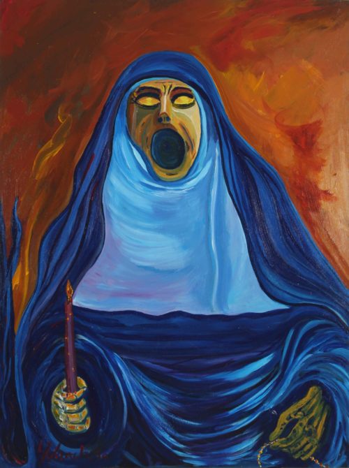 Acrylic painting of a nun on a blue chador type habit holding a purple candle on her right hand and her mouth wide open in a scream like Edvard Munch's The Scream by Vicente Ydrach.