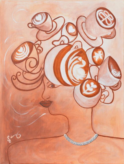 Acrylic cubism painting of female with cups of coffee hair by Jennifer Jiménez