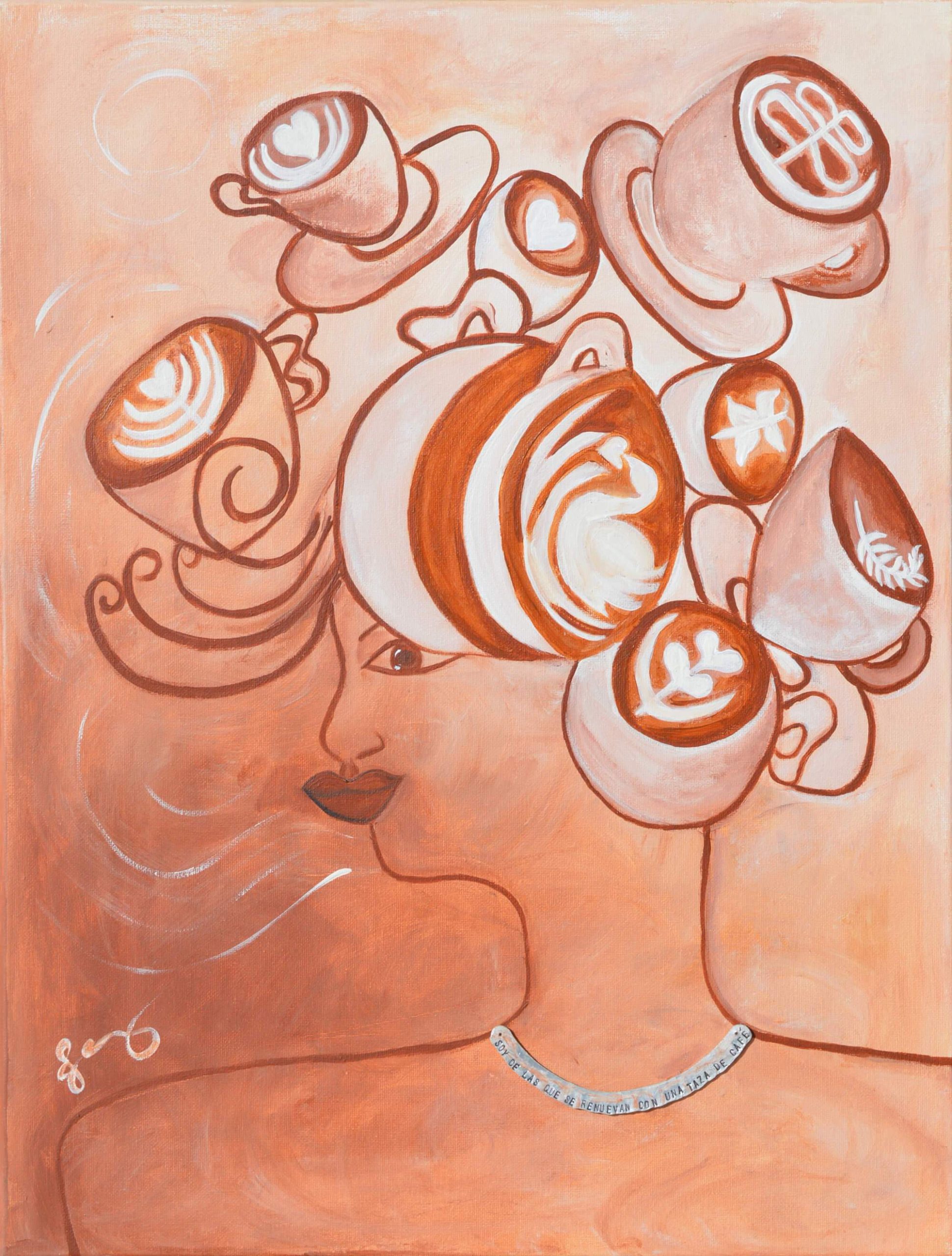 Acrylic cubism painting of female with cups of coffee hair by Jennifer Jiménez