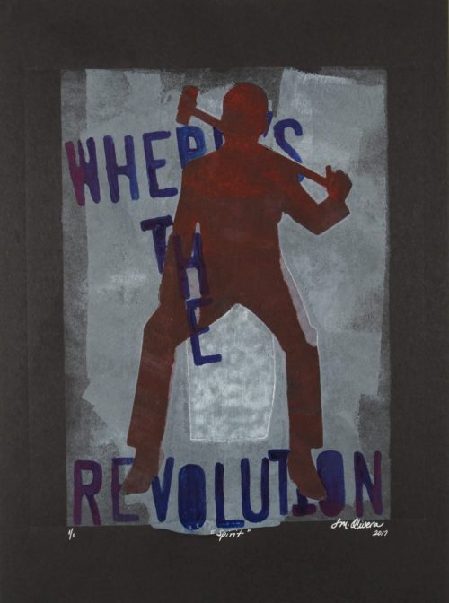 Monotype print of person with mallet in hand looking for a revolution to join by Susan Olivera