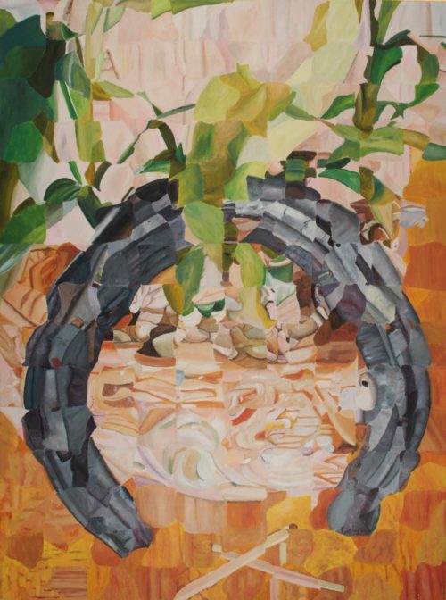 Abstract acrylic painting of horseshoe with living plants necklace as talisman by Evelyn Cardona