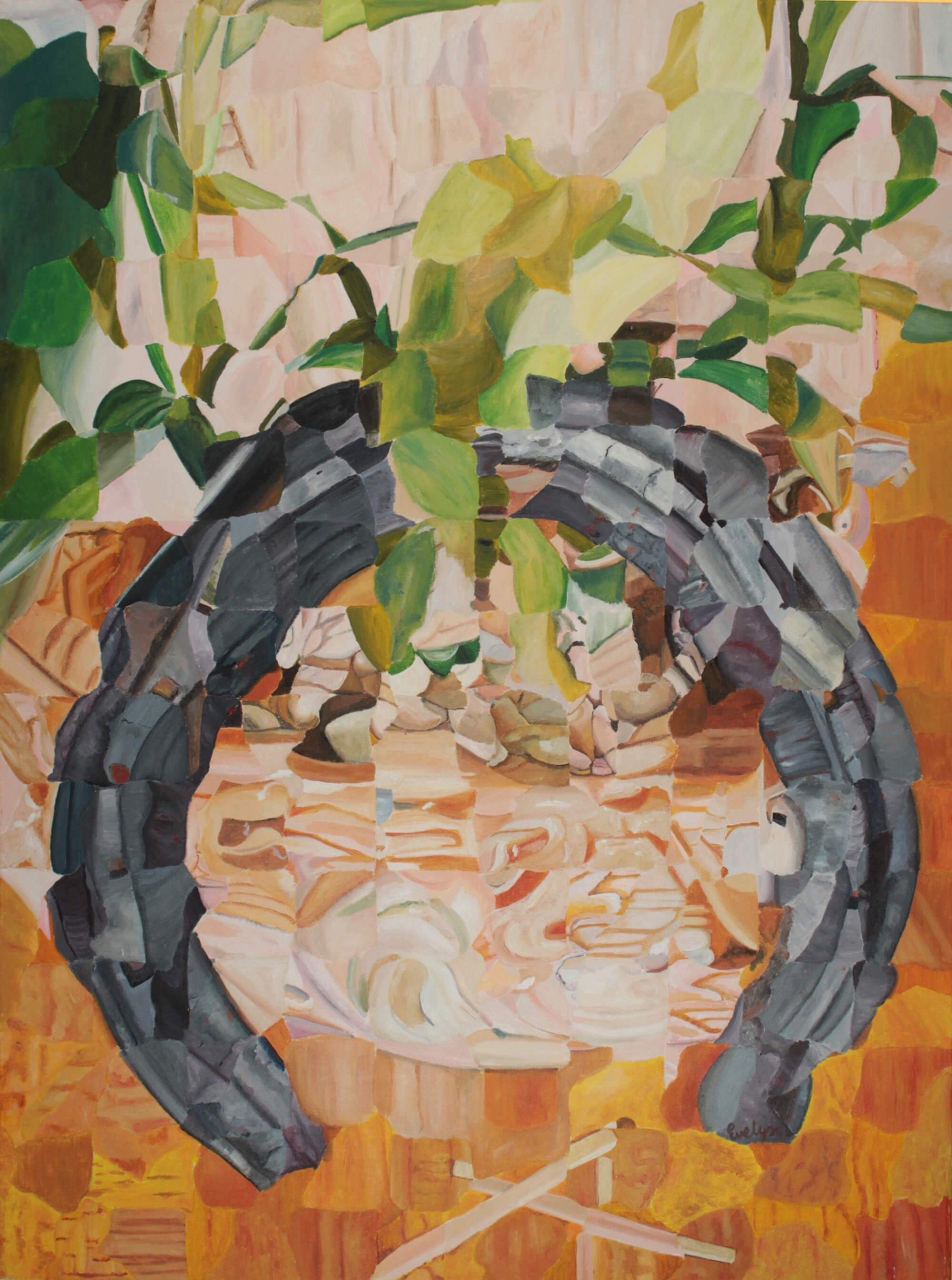 Abstract acrylic painting of horseshoe with living plants necklace as talisman by Evelyn Cardona