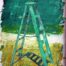 Acrylic and pencil painting of green stepladder with green background as metaphor of ascending by Ludwig Medina