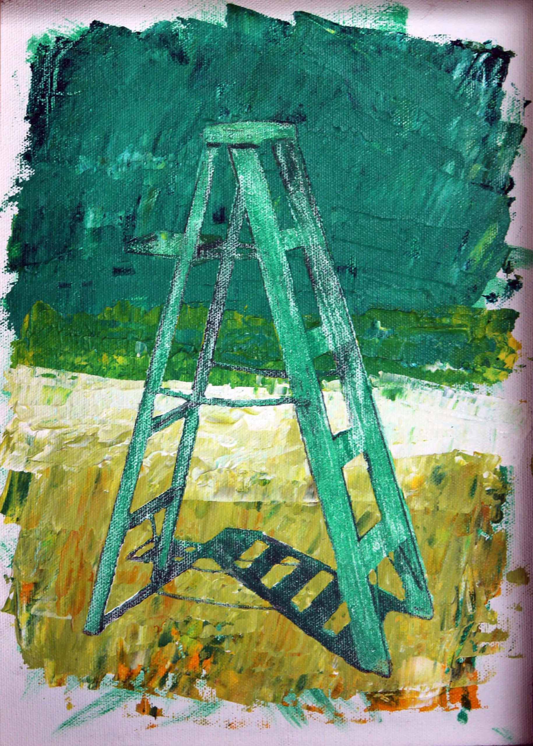 Acrylic and pencil painting of green stepladder with green background as metaphor of ascending by Ludwig Medina