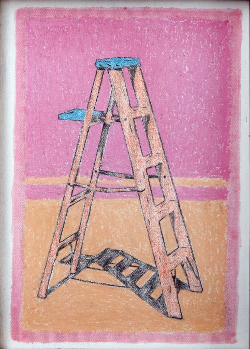 Oilbar and pencil painting of pink stepladder with pink background as metaphor of ascending by Ludwig Medina