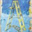 Acrylic and pencil painting of light green stepladder with blue background as metaphor of ascending by Ludwig Medina