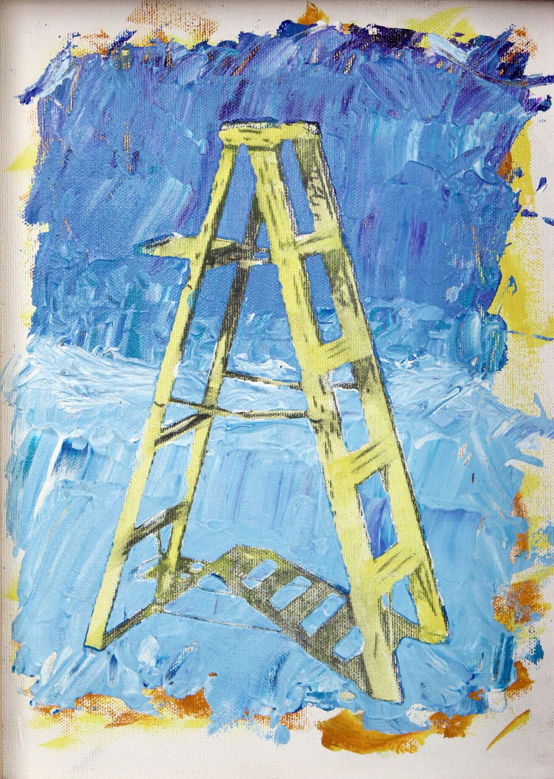 Acrylic and pencil painting of light green stepladder with blue background as metaphor of ascending by Ludwig Medina