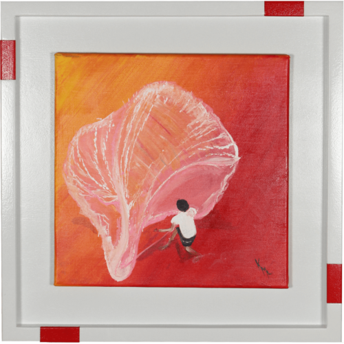 Acrylic painting of fisherman spreading a net on a red shore by Kevin Mejías