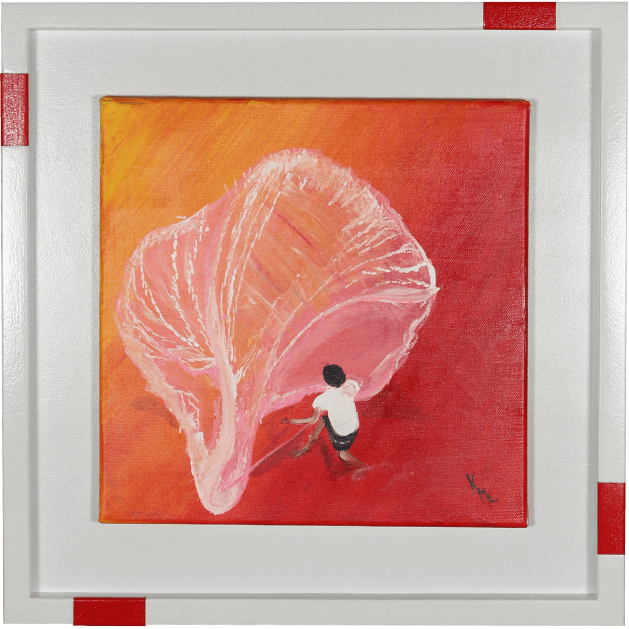 Acrylic painting of fisherman spreading a net on a red shore by Kevin Mejías