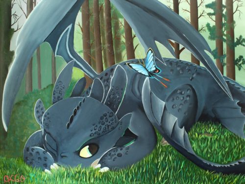 Oil painting of Toothless Dragon in the forest by a Andrea García.