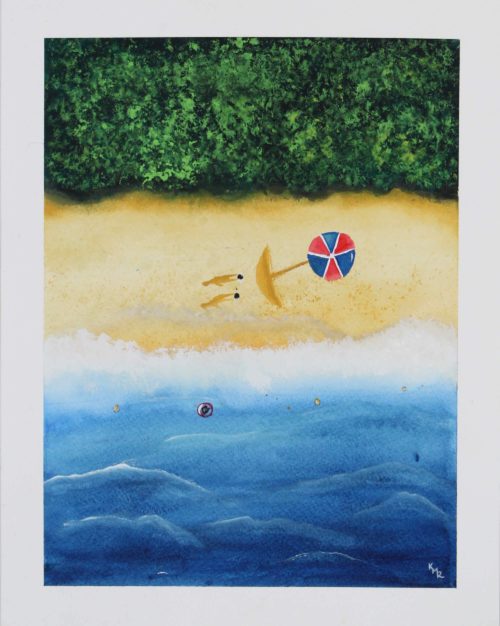 Watercolor painting of two bathers taking a sun bath on the beach sand by Kevin Mejías