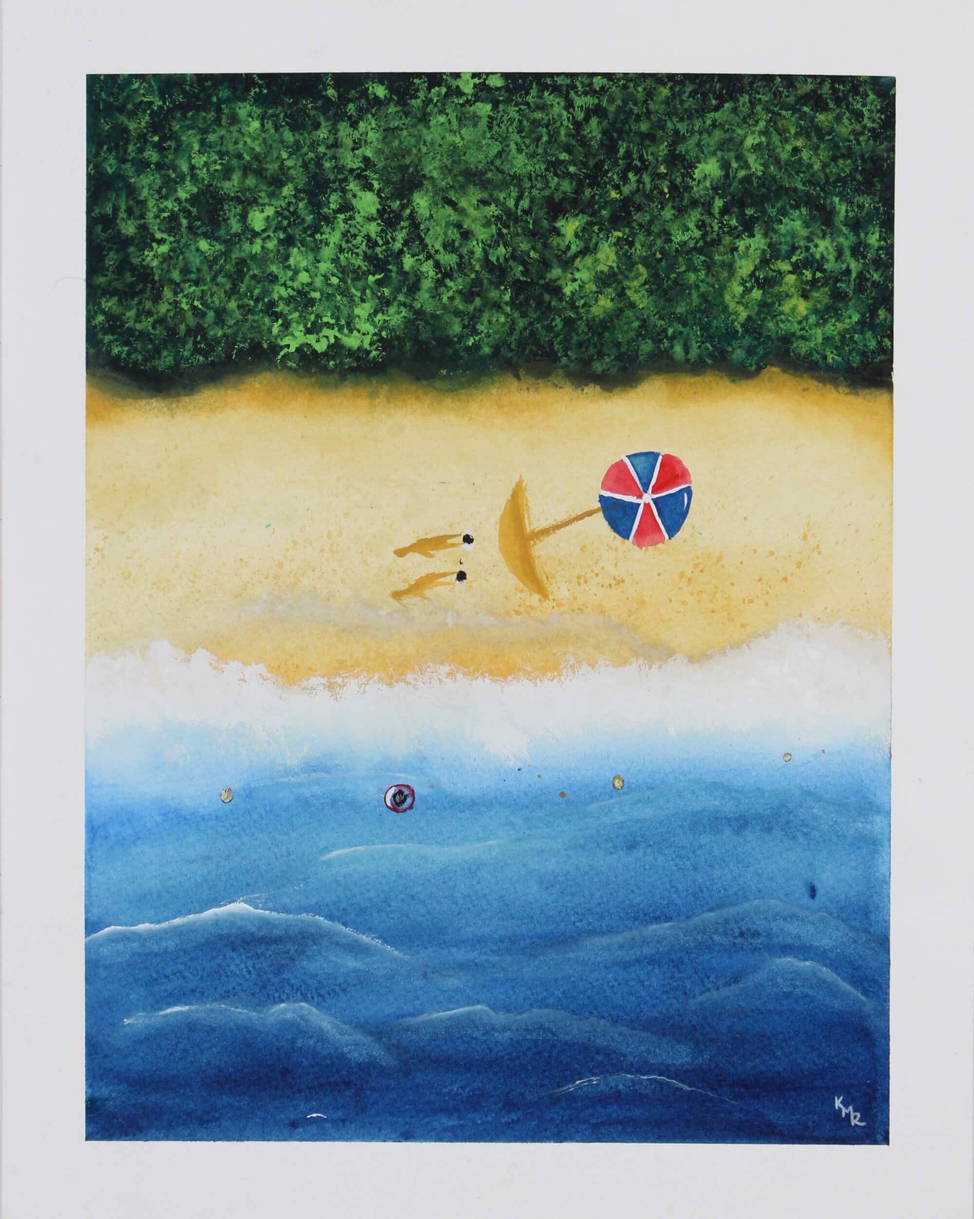 Watercolor painting of two bathers taking a sun bath on the beach sand by Kevin Mejías