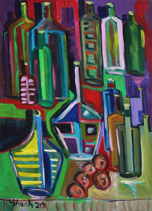Acrylic painting of multiple colorful liquor bottles of different shapes and sizes by Vicente Ydrach.