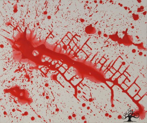 Acrylic painting of semiotic expressionism about war by Kevo.