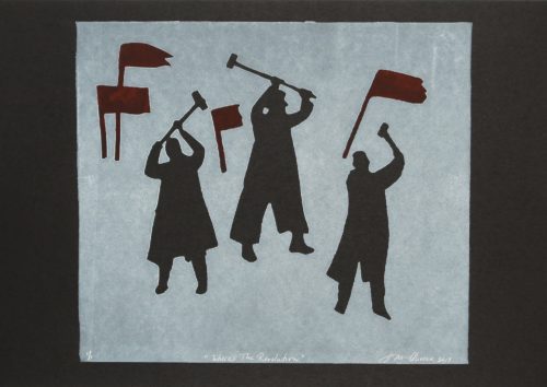 Monotype print of three people with mallet in hand looking for a revolution to join by Susan Olivera