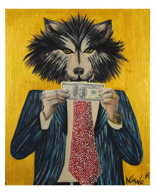 Print of wolf's upper body with business suit and tie holding a hundred dollar bill with two hands in front of his chest by Nómada