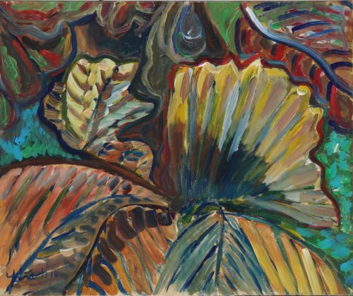 Acrylic painting of colorful Yagrumo leaves by Vicente Ydrach.
