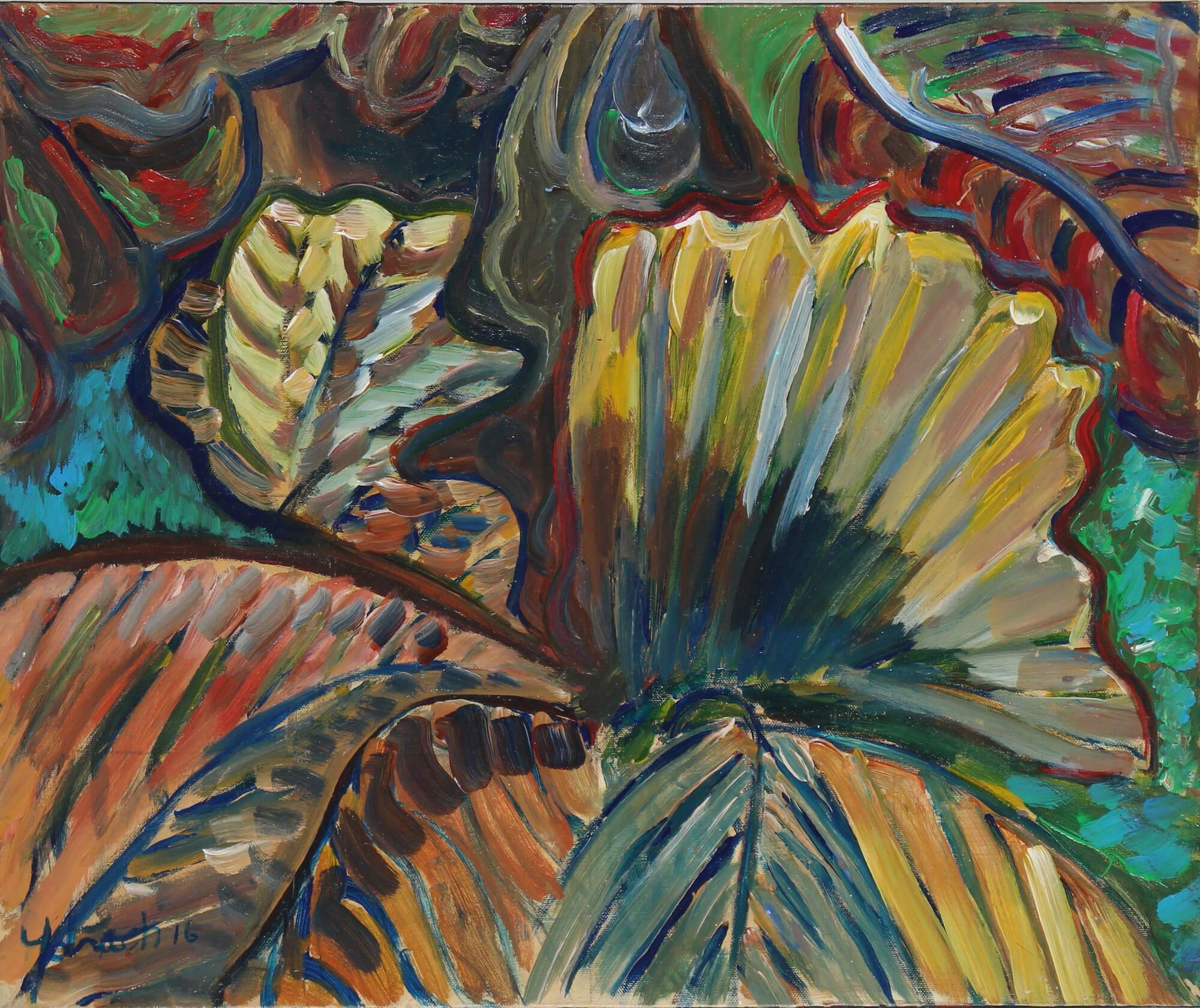 Acrylic painting of colorful Yagrumo leaves by Vicente Ydrach.