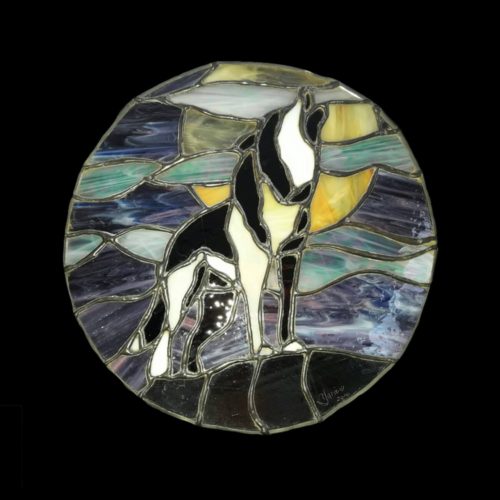 Abstract stained glass of wolf on top of hill under full moon by Yarie Vega