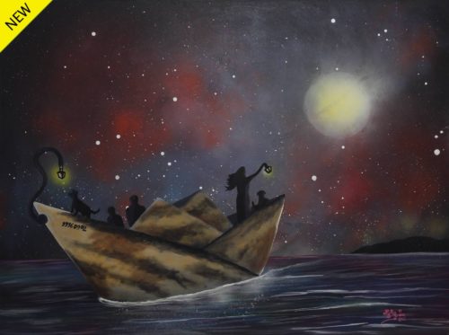 Painting of a paper boat leaving the shore in the middle of the night