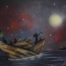Painting of a paper boat leaving the shore in the middle of the night