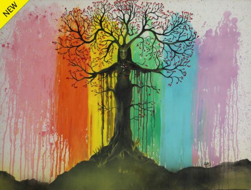 Painting of a leafless woman tree with flourishing red flowers with a background of multi-color vertical splashes by Laurencia Victoria.