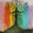 Painting of a leafless woman tree with flourishing red flowers with a background of multi-color vertical splashes by Laurencia Victoria.