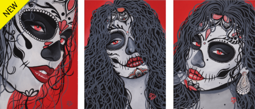 Three head portraits of Mexican catrinas with red