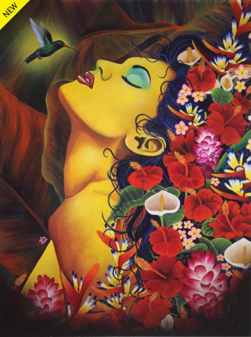 Painting of a side view of a yellowish female torso with head straight up