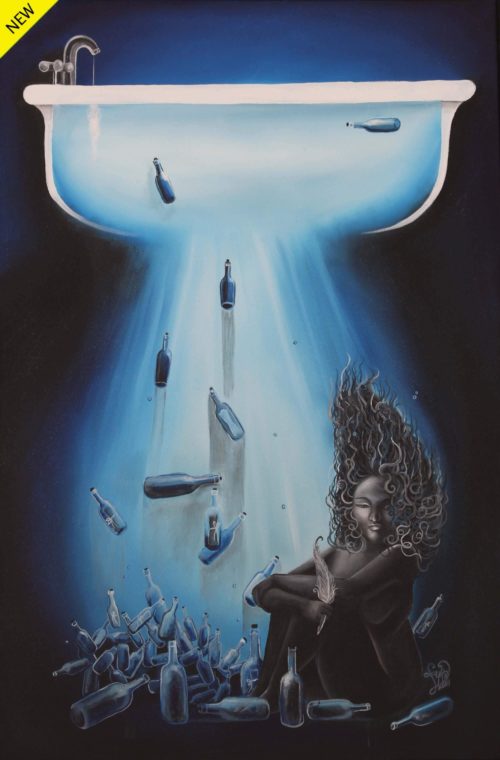 Painting of naked gray women sitting on the bottom of the sea holding a quill pen while bottles with messages are falling from a bathtub above her by Laurencia Victoria