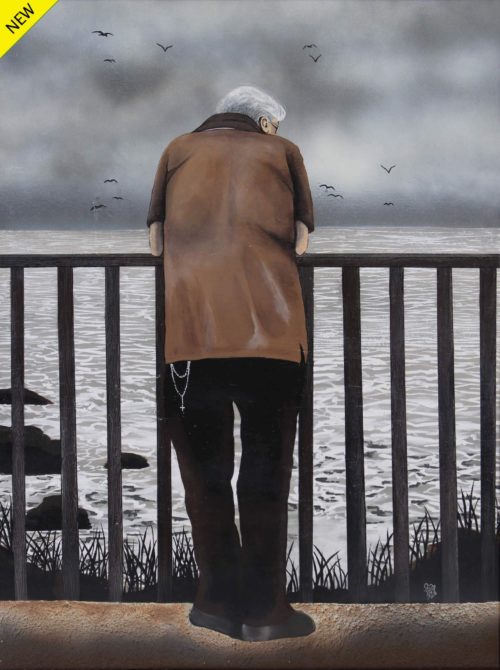 Painting of a back view of a lonely old man with arms resting on a handrail
