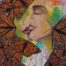 Painting of a french-kissing couple with their heads partially covered by Monarch butterflies in the foreground by Laurencia Victoria.