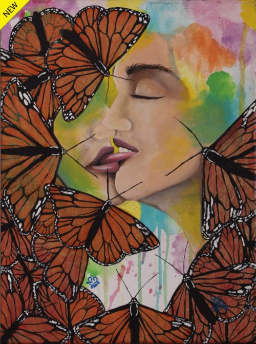 Painting of a french-kissing couple with their heads partially covered by Monarch butterflies in the foreground by Laurencia Victoria.
