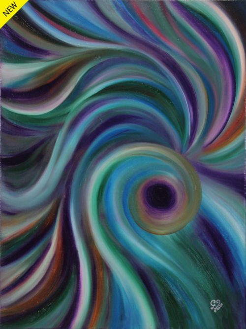 Abstract painting of multicolor cyclone spirals representing turbid winds by Laurencia Victoria.